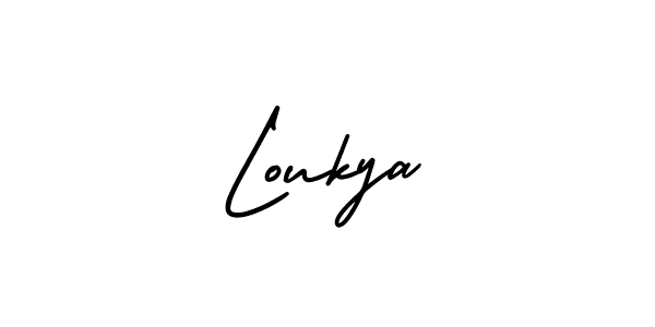 You should practise on your own different ways (AmerikaSignatureDemo-Regular) to write your name (Loukya) in signature. don't let someone else do it for you. Loukya signature style 3 images and pictures png