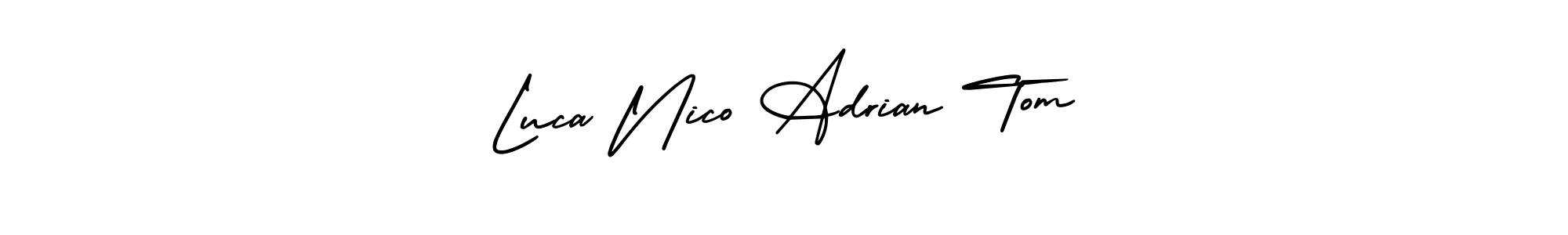 This is the best signature style for the Luca Nico Adrian Tom name. Also you like these signature font (AmerikaSignatureDemo-Regular). Mix name signature. Luca Nico Adrian Tom signature style 3 images and pictures png