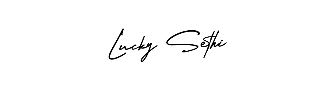 You should practise on your own different ways (AmerikaSignatureDemo-Regular) to write your name (Lucky Sethi) in signature. don't let someone else do it for you. Lucky Sethi signature style 3 images and pictures png