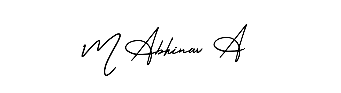 You should practise on your own different ways (AmerikaSignatureDemo-Regular) to write your name (M Abhinav A) in signature. don't let someone else do it for you. M Abhinav A signature style 3 images and pictures png