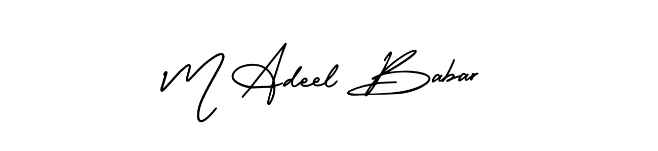 You should practise on your own different ways (AmerikaSignatureDemo-Regular) to write your name (M Adeel Babar) in signature. don't let someone else do it for you. M Adeel Babar signature style 3 images and pictures png