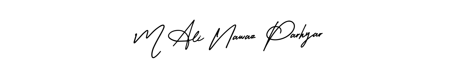 You should practise on your own different ways (AmerikaSignatureDemo-Regular) to write your name (M Ali Nawaz Parhyar) in signature. don't let someone else do it for you. M Ali Nawaz Parhyar signature style 3 images and pictures png