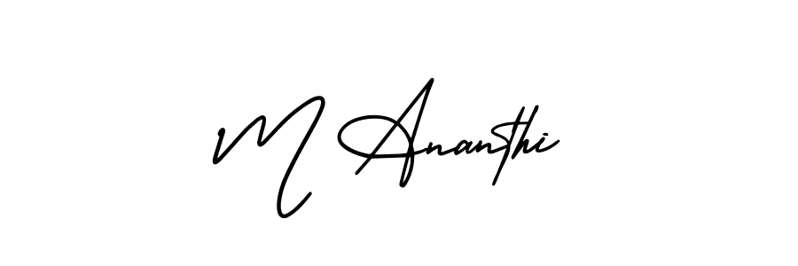 You should practise on your own different ways (AmerikaSignatureDemo-Regular) to write your name (M Ananthi) in signature. don't let someone else do it for you. M Ananthi signature style 3 images and pictures png