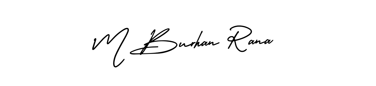 You should practise on your own different ways (AmerikaSignatureDemo-Regular) to write your name (M Burhan Rana) in signature. don't let someone else do it for you. M Burhan Rana signature style 3 images and pictures png