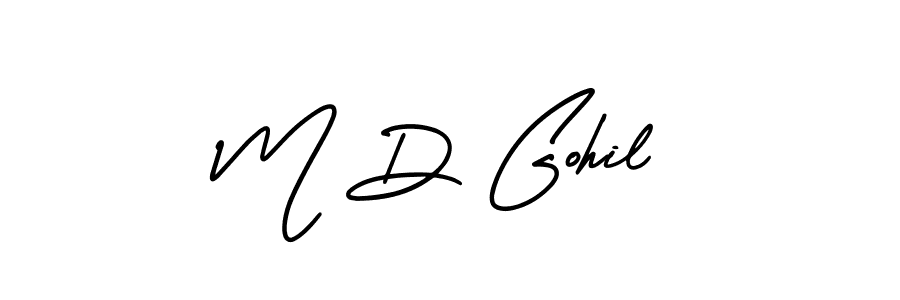 You should practise on your own different ways (AmerikaSignatureDemo-Regular) to write your name (M D Gohil) in signature. don't let someone else do it for you. M D Gohil signature style 3 images and pictures png