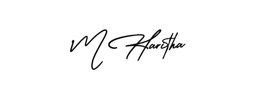 How to make M Haritha name signature. Use AmerikaSignatureDemo-Regular style for creating short signs online. This is the latest handwritten sign. M Haritha signature style 3 images and pictures png