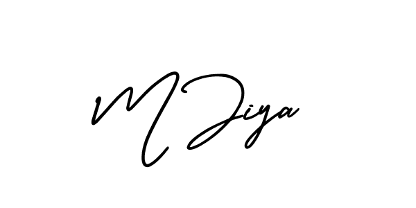 You should practise on your own different ways (AmerikaSignatureDemo-Regular) to write your name (M Jiya) in signature. don't let someone else do it for you. M Jiya signature style 3 images and pictures png