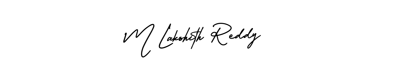 You should practise on your own different ways (AmerikaSignatureDemo-Regular) to write your name (M Lakshith Reddy) in signature. don't let someone else do it for you. M Lakshith Reddy signature style 3 images and pictures png