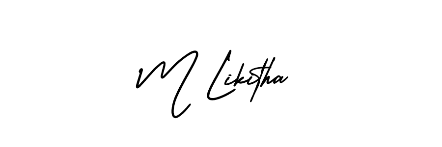 You should practise on your own different ways (AmerikaSignatureDemo-Regular) to write your name (M Likitha) in signature. don't let someone else do it for you. M Likitha signature style 3 images and pictures png