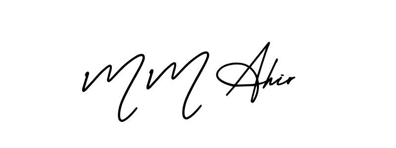 You should practise on your own different ways (AmerikaSignatureDemo-Regular) to write your name (M M Ahir) in signature. don't let someone else do it for you. M M Ahir signature style 3 images and pictures png