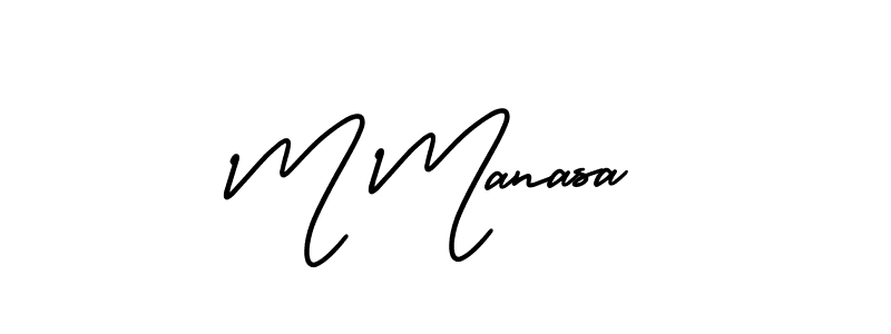You should practise on your own different ways (AmerikaSignatureDemo-Regular) to write your name (M Manasa) in signature. don't let someone else do it for you. M Manasa signature style 3 images and pictures png