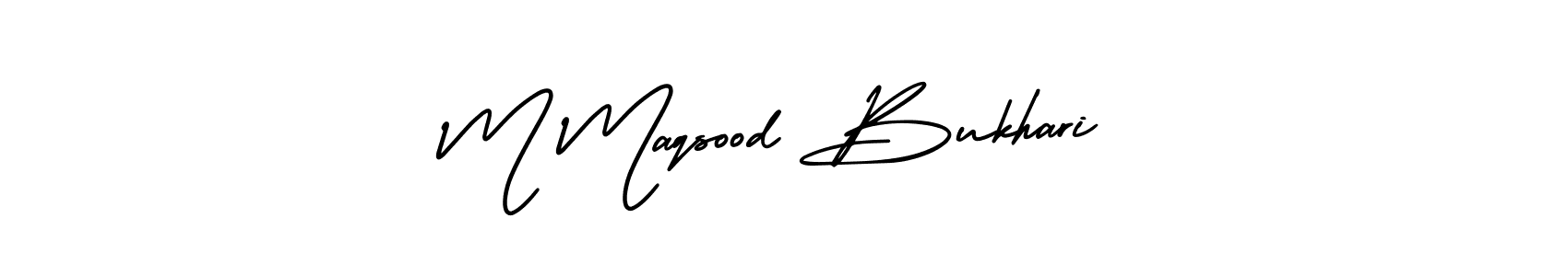 The best way (AmerikaSignatureDemo-Regular) to make a short signature is to pick only two or three words in your name. The name M Maqsood Bukhari include a total of six letters. For converting this name. M Maqsood Bukhari signature style 3 images and pictures png