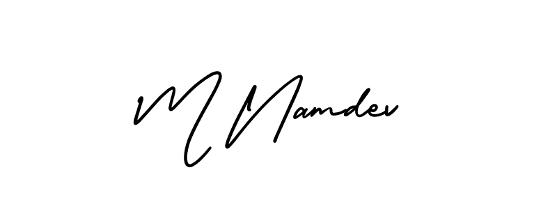 You should practise on your own different ways (AmerikaSignatureDemo-Regular) to write your name (M Namdev) in signature. don't let someone else do it for you. M Namdev signature style 3 images and pictures png