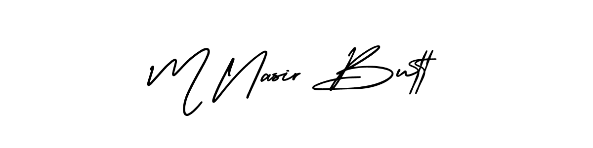 You should practise on your own different ways (AmerikaSignatureDemo-Regular) to write your name (M Nasir Butt) in signature. don't let someone else do it for you. M Nasir Butt signature style 3 images and pictures png