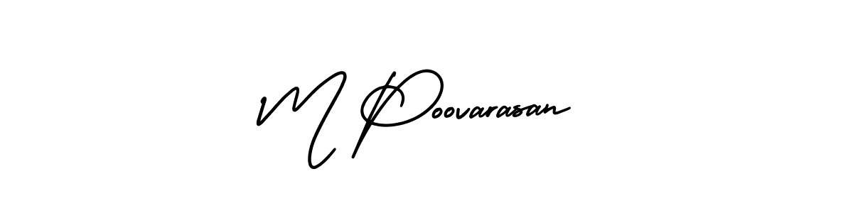 This is the best signature style for the M Poovarasan name. Also you like these signature font (AmerikaSignatureDemo-Regular). Mix name signature. M Poovarasan signature style 3 images and pictures png