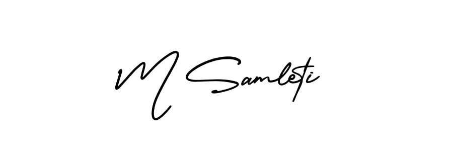 You should practise on your own different ways (AmerikaSignatureDemo-Regular) to write your name (M Samleti) in signature. don't let someone else do it for you. M Samleti signature style 3 images and pictures png