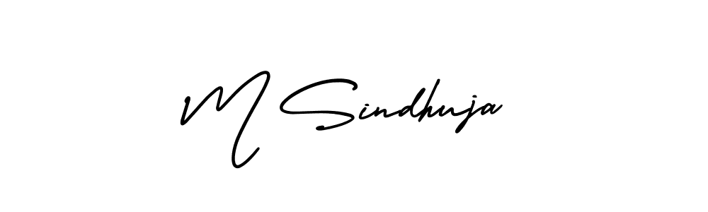 You should practise on your own different ways (AmerikaSignatureDemo-Regular) to write your name (M Sindhuja) in signature. don't let someone else do it for you. M Sindhuja signature style 3 images and pictures png