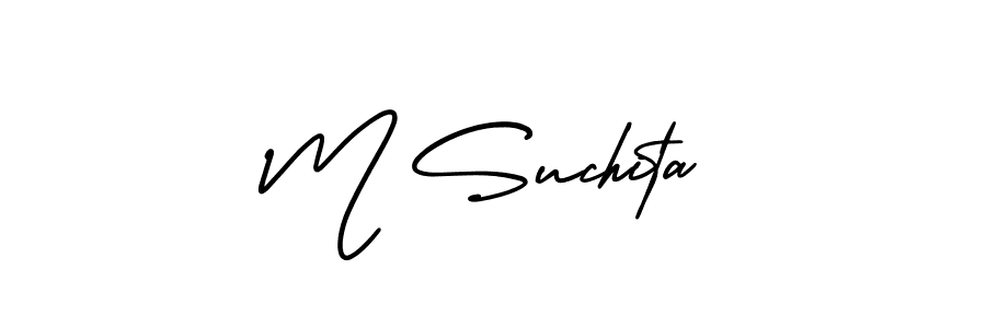 You should practise on your own different ways (AmerikaSignatureDemo-Regular) to write your name (M Suchita) in signature. don't let someone else do it for you. M Suchita signature style 3 images and pictures png