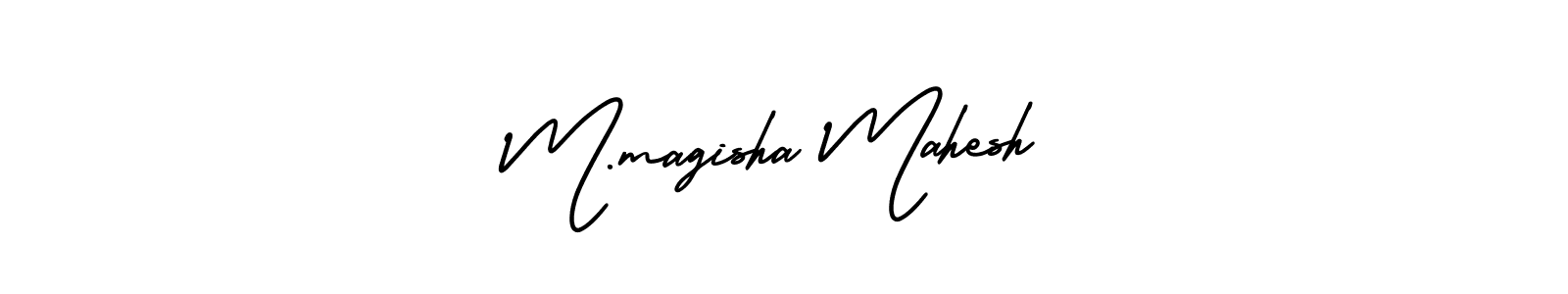 This is the best signature style for the M.magisha Mahesh name. Also you like these signature font (AmerikaSignatureDemo-Regular). Mix name signature. M.magisha Mahesh signature style 3 images and pictures png