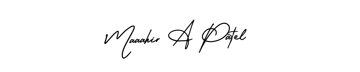 This is the best signature style for the Maaahir A Patel name. Also you like these signature font (AmerikaSignatureDemo-Regular). Mix name signature. Maaahir A Patel signature style 3 images and pictures png