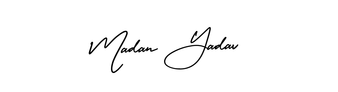 You should practise on your own different ways (AmerikaSignatureDemo-Regular) to write your name (Madan Yadav) in signature. don't let someone else do it for you. Madan Yadav signature style 3 images and pictures png