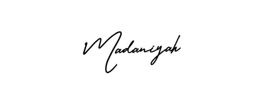 if you are searching for the best signature style for your name Madaniyah. so please give up your signature search. here we have designed multiple signature styles  using AmerikaSignatureDemo-Regular. Madaniyah signature style 3 images and pictures png