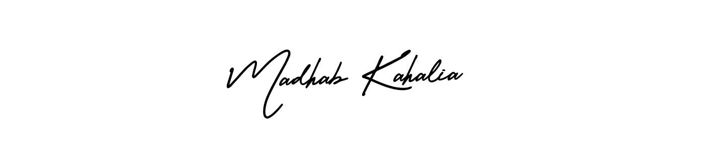 You should practise on your own different ways (AmerikaSignatureDemo-Regular) to write your name (Madhab Kahalia) in signature. don't let someone else do it for you. Madhab Kahalia signature style 3 images and pictures png
