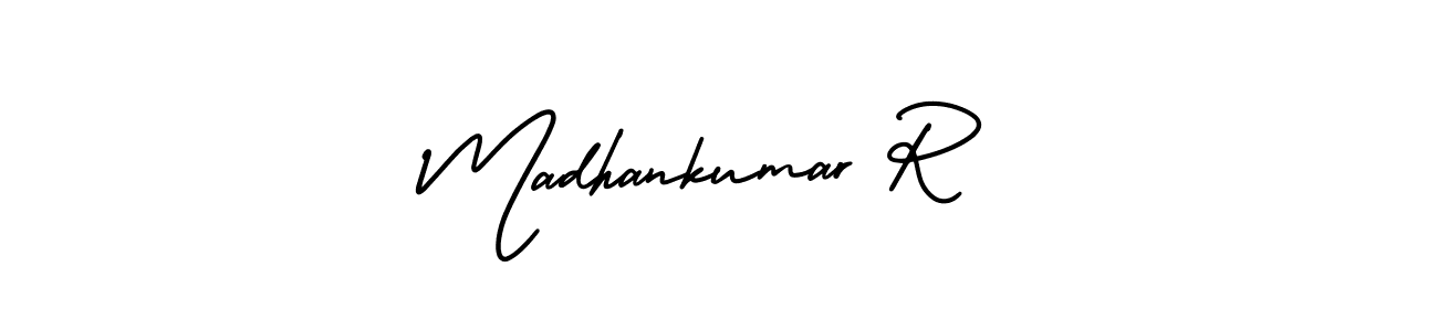 The best way (AmerikaSignatureDemo-Regular) to make a short signature is to pick only two or three words in your name. The name Madhankumar R include a total of six letters. For converting this name. Madhankumar R signature style 3 images and pictures png