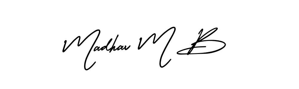 You should practise on your own different ways (AmerikaSignatureDemo-Regular) to write your name (Madhav M B) in signature. don't let someone else do it for you. Madhav M B signature style 3 images and pictures png