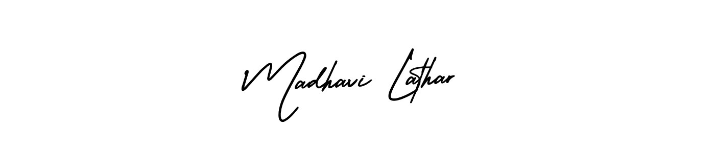 You should practise on your own different ways (AmerikaSignatureDemo-Regular) to write your name (Madhavi Lathar) in signature. don't let someone else do it for you. Madhavi Lathar signature style 3 images and pictures png