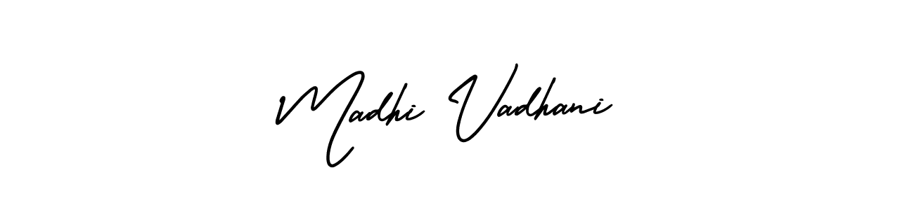 You should practise on your own different ways (AmerikaSignatureDemo-Regular) to write your name (Madhi Vadhani) in signature. don't let someone else do it for you. Madhi Vadhani signature style 3 images and pictures png