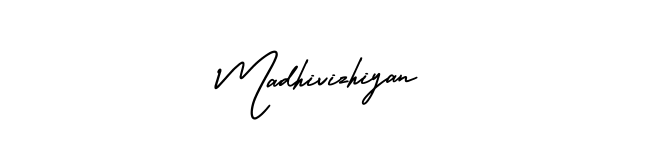 You should practise on your own different ways (AmerikaSignatureDemo-Regular) to write your name (Madhivizhiyan) in signature. don't let someone else do it for you. Madhivizhiyan signature style 3 images and pictures png