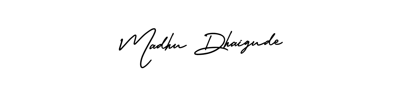 The best way (AmerikaSignatureDemo-Regular) to make a short signature is to pick only two or three words in your name. The name Madhu Dhaigude include a total of six letters. For converting this name. Madhu Dhaigude signature style 3 images and pictures png