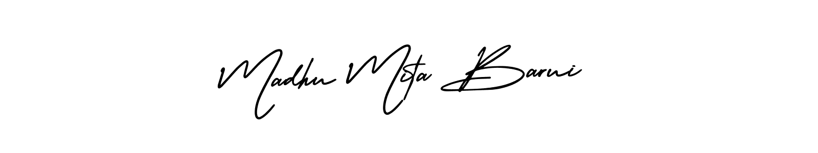 The best way (AmerikaSignatureDemo-Regular) to make a short signature is to pick only two or three words in your name. The name Madhu Mita Barui include a total of six letters. For converting this name. Madhu Mita Barui signature style 3 images and pictures png
