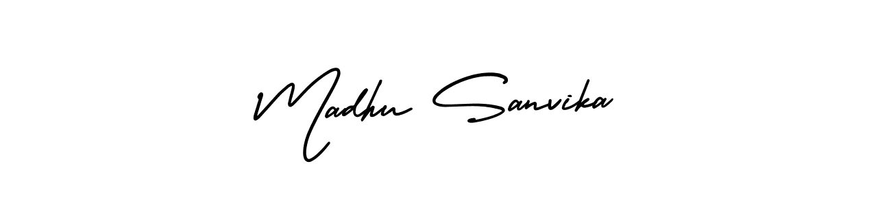 You should practise on your own different ways (AmerikaSignatureDemo-Regular) to write your name (Madhu Sanvika) in signature. don't let someone else do it for you. Madhu Sanvika signature style 3 images and pictures png