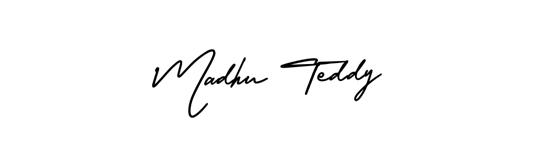 You should practise on your own different ways (AmerikaSignatureDemo-Regular) to write your name (Madhu Teddy) in signature. don't let someone else do it for you. Madhu Teddy signature style 3 images and pictures png