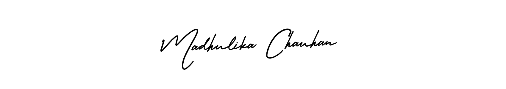 The best way (AmerikaSignatureDemo-Regular) to make a short signature is to pick only two or three words in your name. The name Madhulika Chauhan include a total of six letters. For converting this name. Madhulika Chauhan signature style 3 images and pictures png