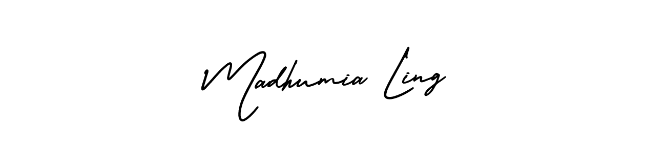 You should practise on your own different ways (AmerikaSignatureDemo-Regular) to write your name (Madhumia Ling) in signature. don't let someone else do it for you. Madhumia Ling signature style 3 images and pictures png