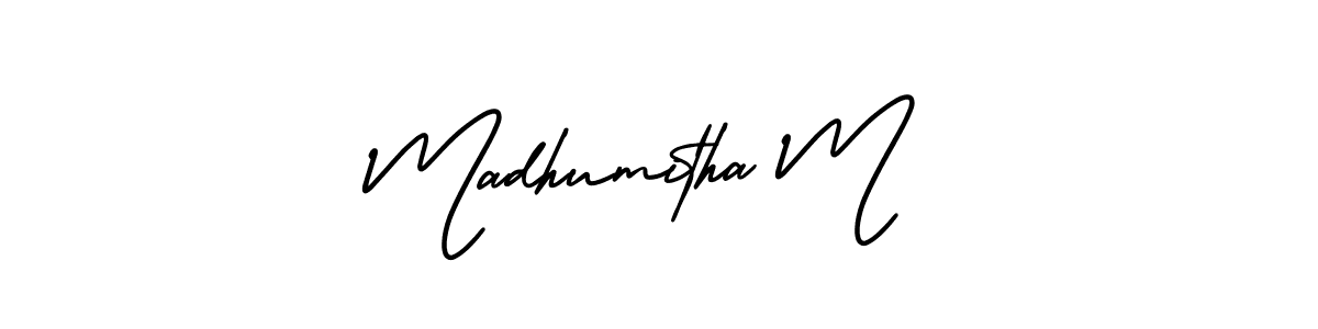 AmerikaSignatureDemo-Regular is a professional signature style that is perfect for those who want to add a touch of class to their signature. It is also a great choice for those who want to make their signature more unique. Get Madhumitha M name to fancy signature for free. Madhumitha M signature style 3 images and pictures png