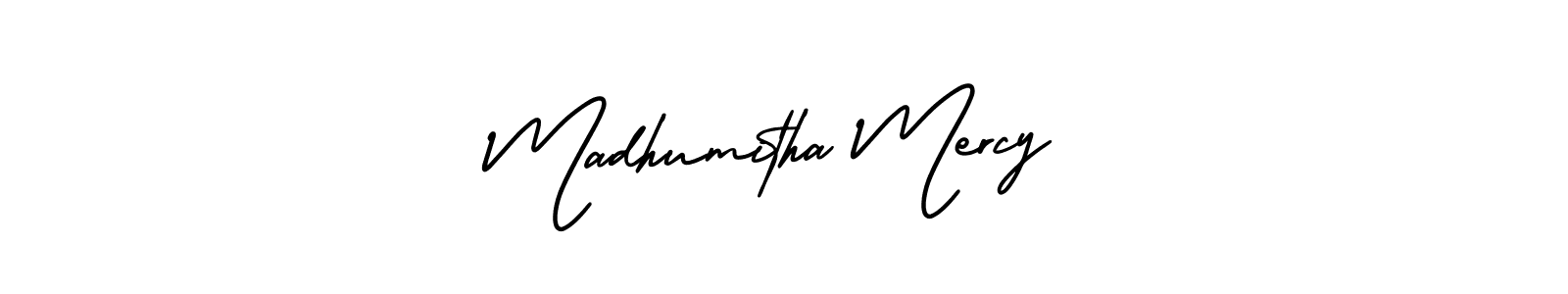 You should practise on your own different ways (AmerikaSignatureDemo-Regular) to write your name (Madhumitha Mercy) in signature. don't let someone else do it for you. Madhumitha Mercy signature style 3 images and pictures png