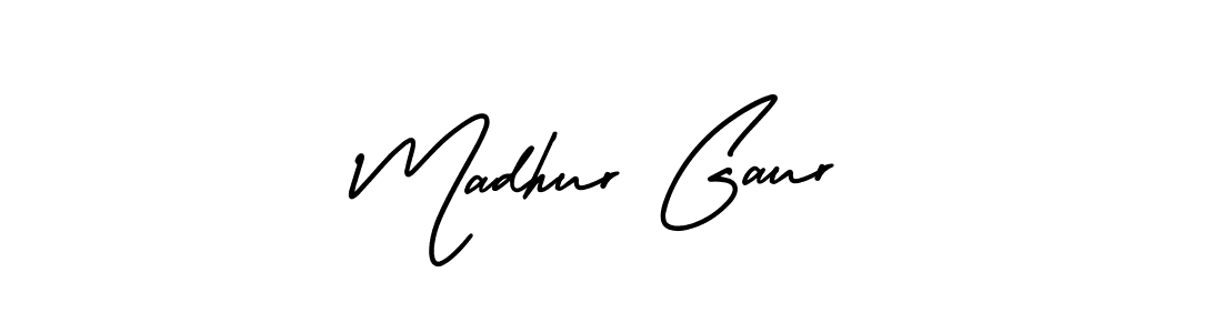 You should practise on your own different ways (AmerikaSignatureDemo-Regular) to write your name (Madhur Gaur) in signature. don't let someone else do it for you. Madhur Gaur signature style 3 images and pictures png