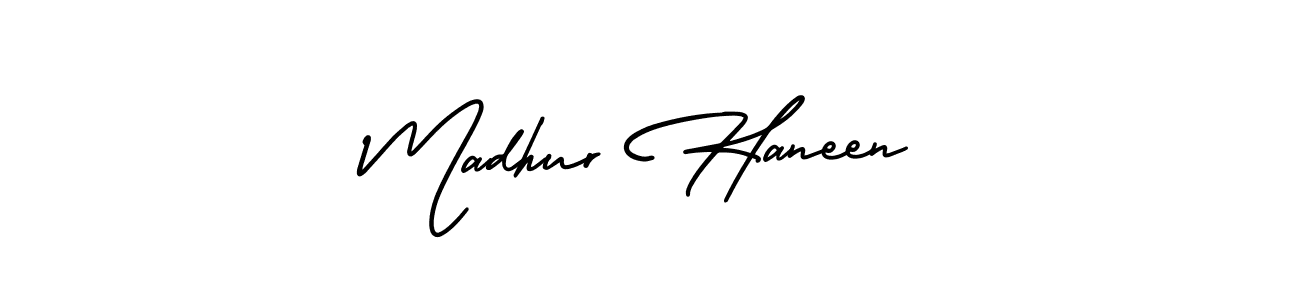 You should practise on your own different ways (AmerikaSignatureDemo-Regular) to write your name (Madhur Haneen) in signature. don't let someone else do it for you. Madhur Haneen signature style 3 images and pictures png