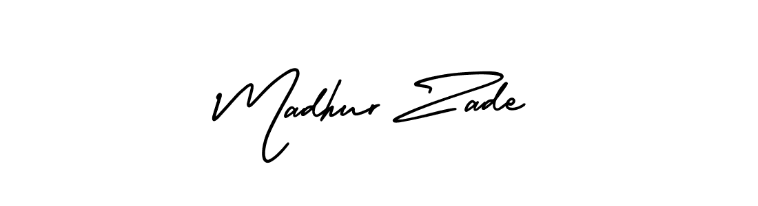You should practise on your own different ways (AmerikaSignatureDemo-Regular) to write your name (Madhur Zade) in signature. don't let someone else do it for you. Madhur Zade signature style 3 images and pictures png