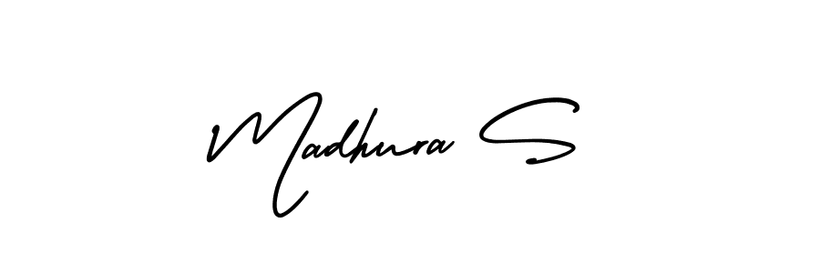 This is the best signature style for the Madhura S name. Also you like these signature font (AmerikaSignatureDemo-Regular). Mix name signature. Madhura S signature style 3 images and pictures png