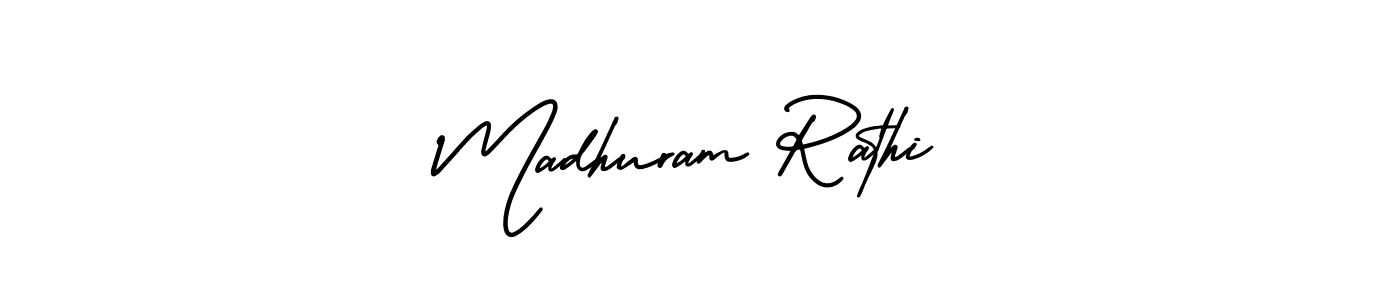 The best way (AmerikaSignatureDemo-Regular) to make a short signature is to pick only two or three words in your name. The name Madhuram Rathi include a total of six letters. For converting this name. Madhuram Rathi signature style 3 images and pictures png