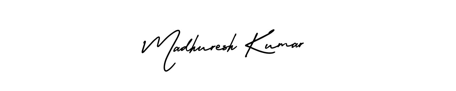 The best way (AmerikaSignatureDemo-Regular) to make a short signature is to pick only two or three words in your name. The name Madhuresh Kumar include a total of six letters. For converting this name. Madhuresh Kumar signature style 3 images and pictures png