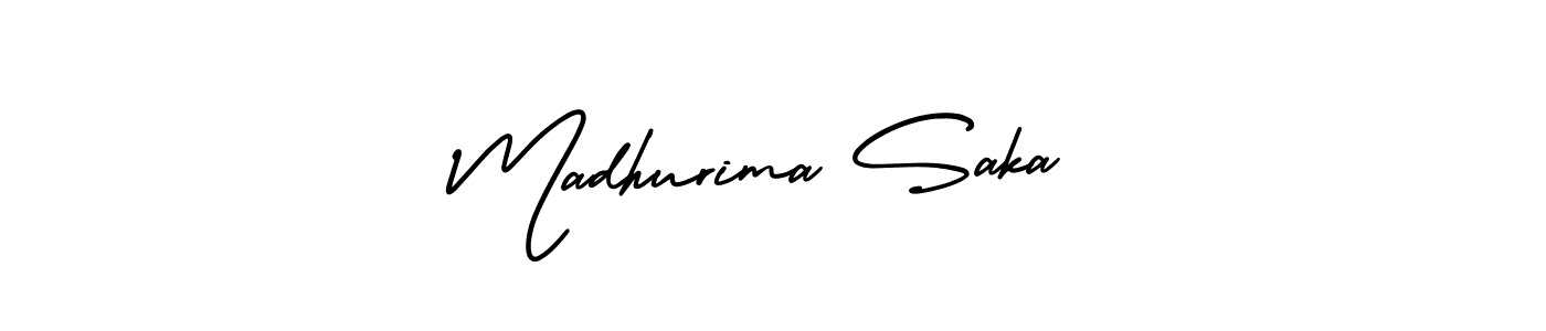 You should practise on your own different ways (AmerikaSignatureDemo-Regular) to write your name (Madhurima Saka) in signature. don't let someone else do it for you. Madhurima Saka signature style 3 images and pictures png