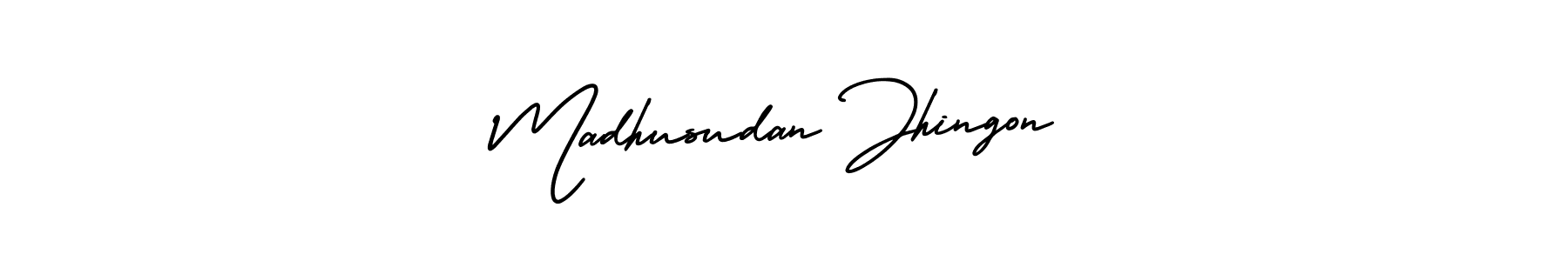 The best way (AmerikaSignatureDemo-Regular) to make a short signature is to pick only two or three words in your name. The name Madhusudan Jhingon include a total of six letters. For converting this name. Madhusudan Jhingon signature style 3 images and pictures png