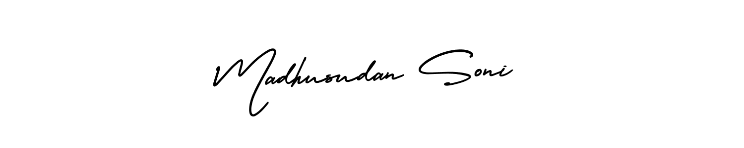 The best way (AmerikaSignatureDemo-Regular) to make a short signature is to pick only two or three words in your name. The name Madhusudan Soni include a total of six letters. For converting this name. Madhusudan Soni signature style 3 images and pictures png