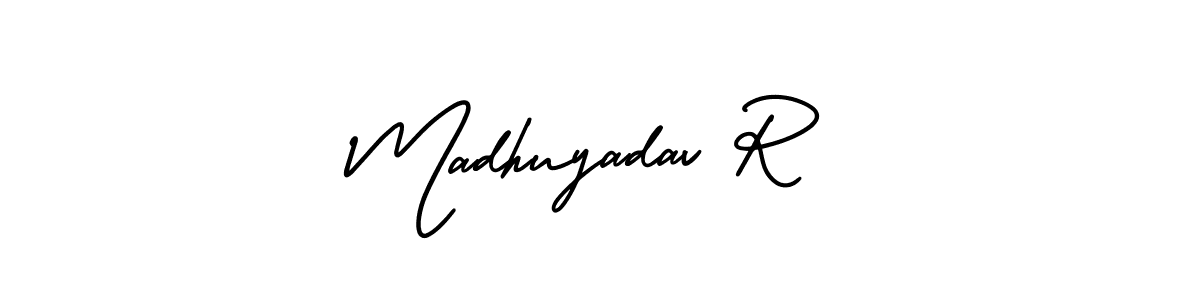 This is the best signature style for the Madhuyadav R name. Also you like these signature font (AmerikaSignatureDemo-Regular). Mix name signature. Madhuyadav R signature style 3 images and pictures png